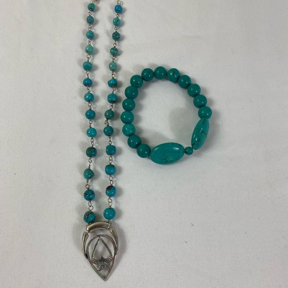 Chic Sterling Silver 925 pendant Fuax Turquoise Beaded Necklace and Bracelet Set